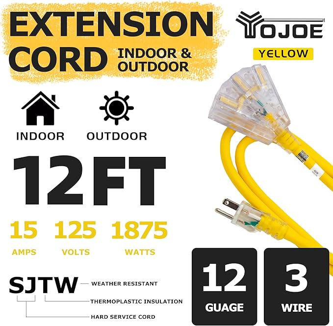 YOJOE 3-Outlets Indoor Outdoor Extension Cord with Lighted End, 3 Prong 15A Weatherproof Power Cord, 12 Gauge Heavy Duty 12 ft Yellow Extension Cord Multiple Outlets, 12/3 SJTW UL Listed