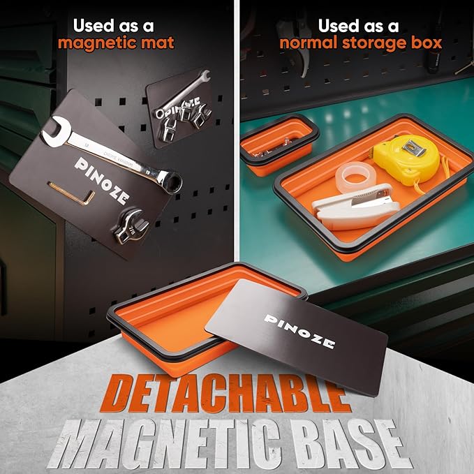 Collapsible Magnetic Parts Organizer Trays & 12" Flexible Magnetic Pickup Tool, 3 Different Size Magnet Tool Trays & Pick-Up Sweeper for Screw, Bolts, Nuts, Washers, Pins and Other Metal Parts