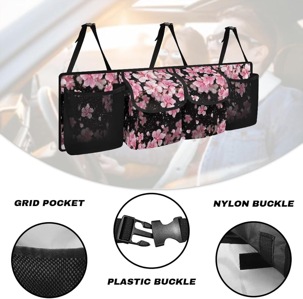 Pink Cherry Blossom Trunk Organizer Car Women Car Back Seat Organizer Multipurpose Cargo Accessory with Adjustable Straps