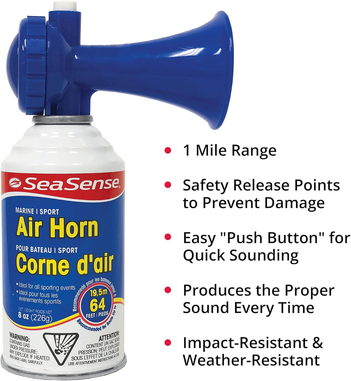 SeaSense Air Horn - Jumbo 8 oz | 127 dB Loud Sound, 1 Mile Range - Perfect for Boat Safety & Sporting Events