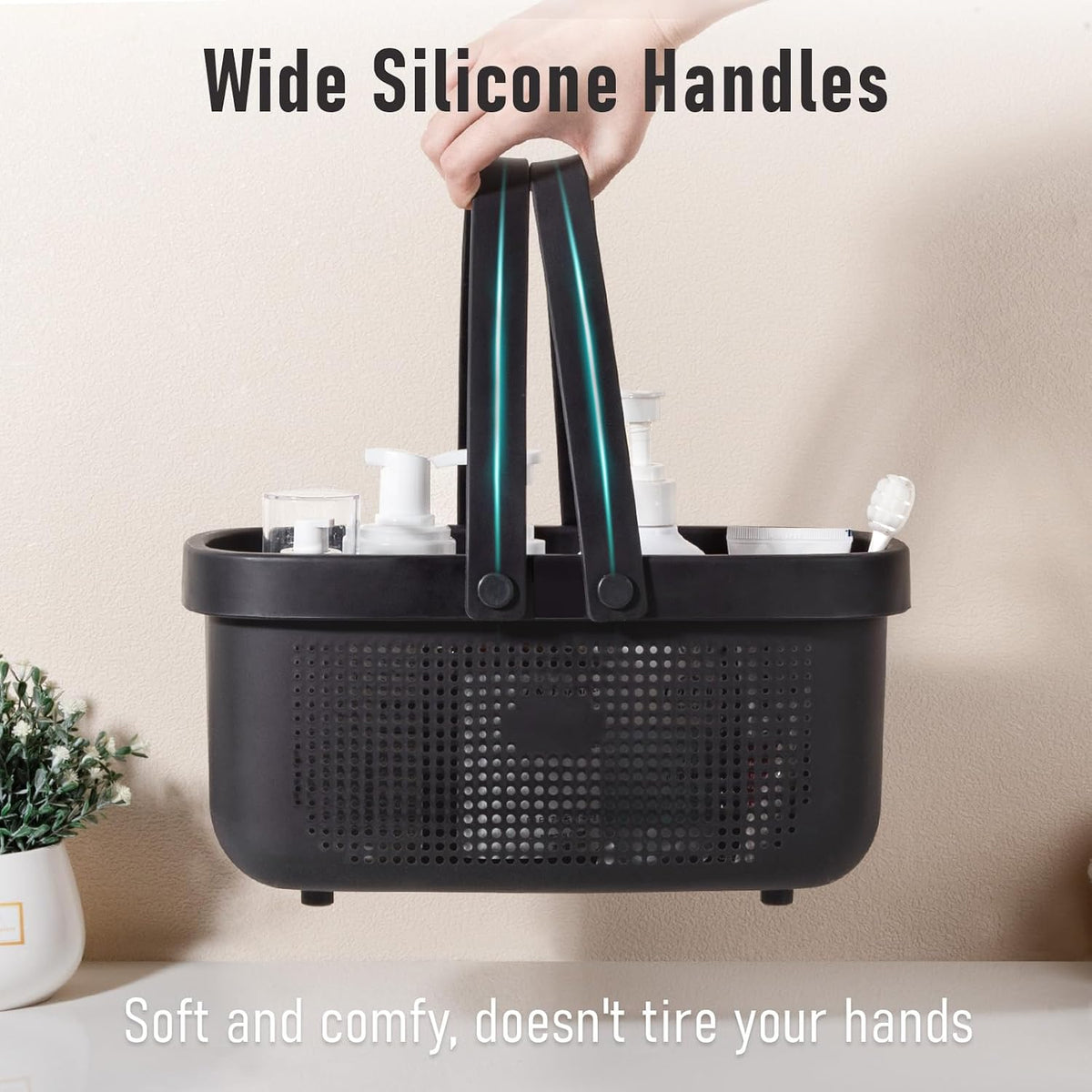 JiatuA Plastic Storage Basket with Handle Portable Shower Caddy Tote Organizer Basket Bin for Bathroom Kitchen Dorm Room Bedroom, Black
