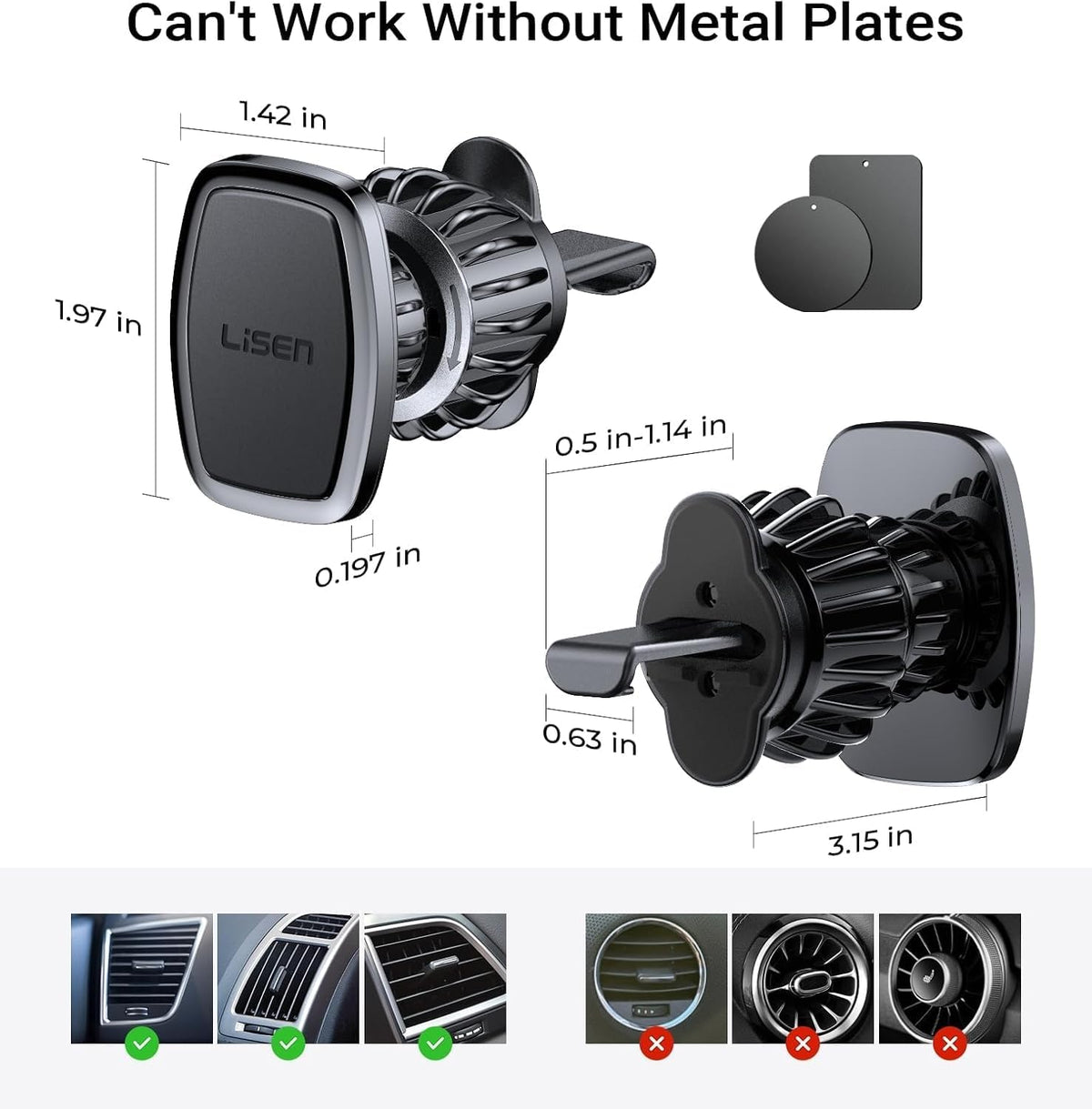 LISEN 2 Pack Magnetic Phone Holder for Your Car - 6 Military Magnets Vent Cell Phone Mount (Silver)