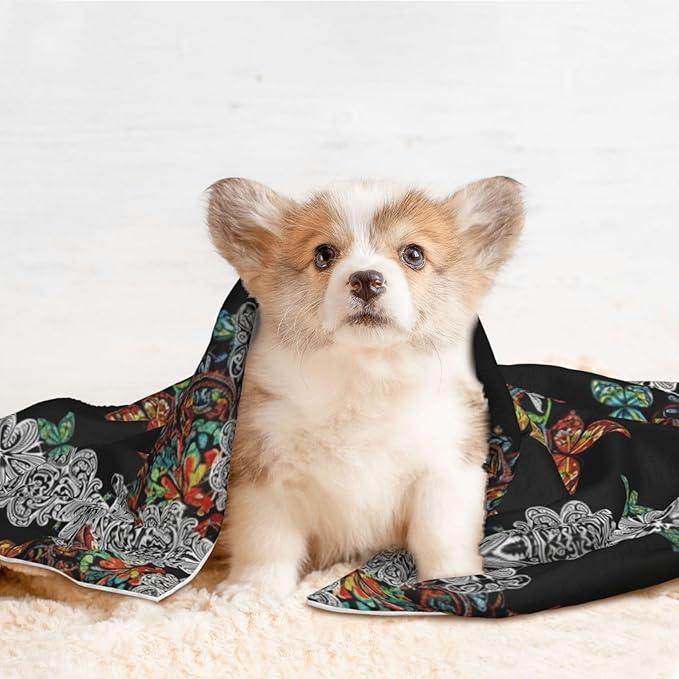 Reversible Plush Dot Pet Blanket for Dogs and Cats, Butterflies Mandala Rainbow Art Black and White, Ultra Soft Two Sided Design with Warm Fuzzy Side and Smooth Side for Comfort