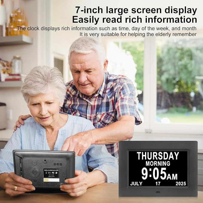 7-Inch Digital Alarm Clock. Displays Time, Day and Month.Features 12 Alarm