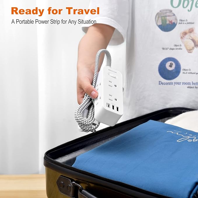 Extension Cord 25FT, BESHON Power Strip Surge Protector, 6 Outlets with 3 USB Ports(1 USB C Outlet), 3-Side Outlet Extender, Wall Mount, Compact for Travel, Home, College Dorm Room, and Office