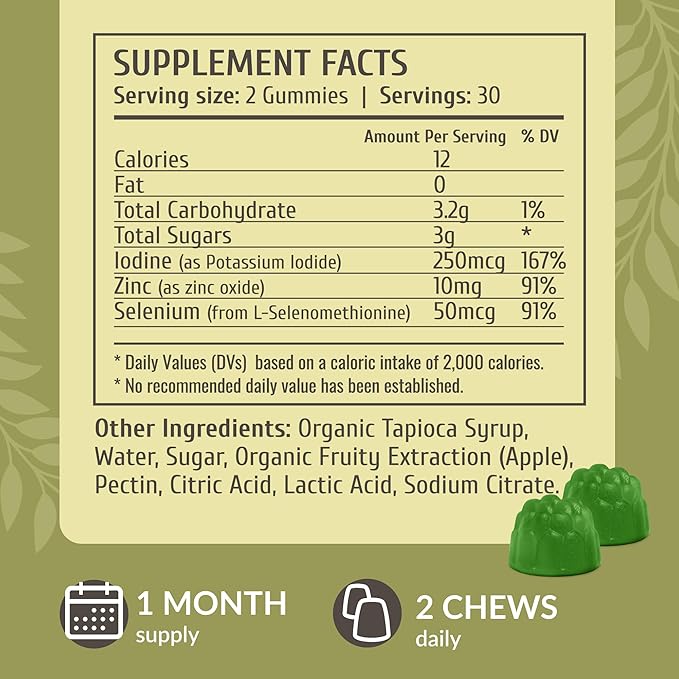 HERBAMAMA Iodine Gummies - Potassium Iodine, Zinc & Selenium for Immune Defense & Brain Support - Vegan, Non-GMO Immune Support Supplement - 60 Pectin-Based Apple-Flavored Chews