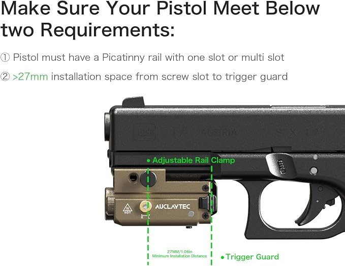 AUCLAYTEC Pistol Flashlight Red Laser Combo 420 Lumens Pistol Light Recharge
