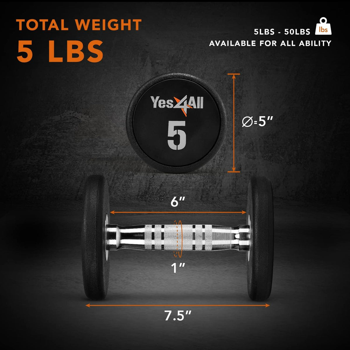 Yes4All Urethane Dumbbell - Anti-Slip Knurled Handle for Muscle Building | 5-50 LB Options Available