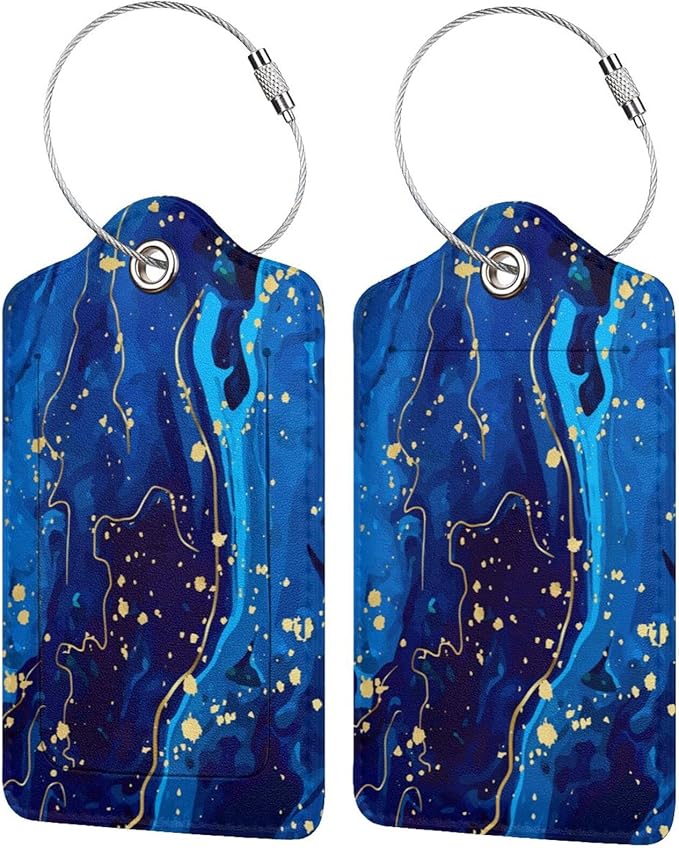 Blue and Gold Marble Luggage Tags with Full Back Privacy Cover Name ID Card Stainless Steel Loop Suitcase Labels Address Card PU Leather Baggage Tags Luggage for Women Men Travel