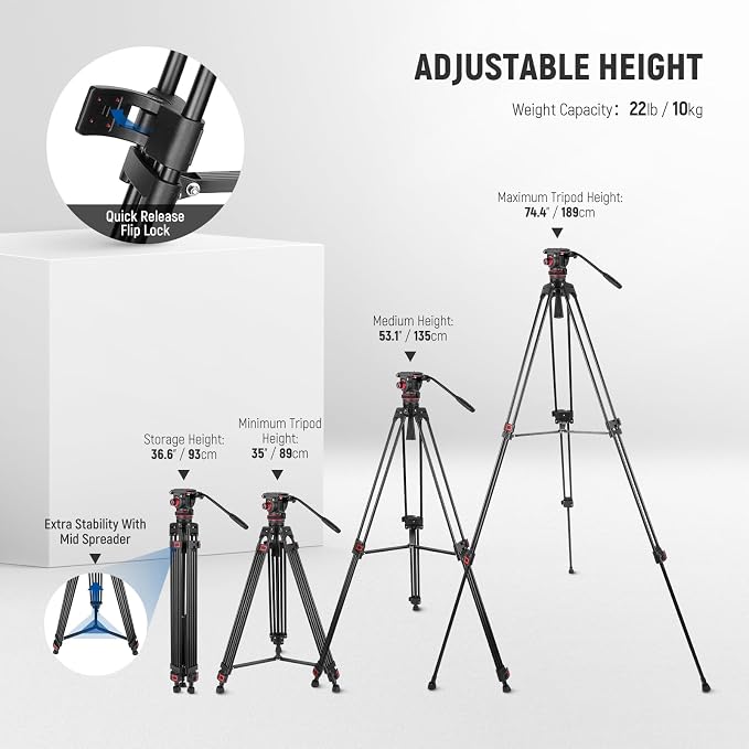 NEEWER 74" Video Tripod with Adjustable Damping Fluid Head, Metal Heavy Duty