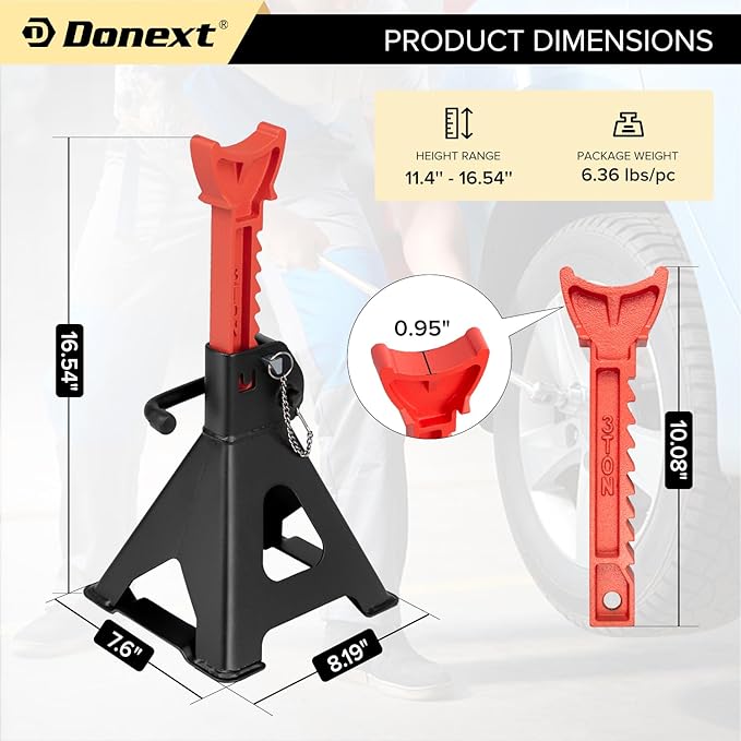Donext Jack Stands 3 Ton (6,500 lb) Capacity Steel Double Locking, 1 Pair Black and Red Lifting Stand Adjustable Jack Stands