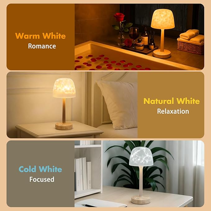 Waterproof Shower Lamp for Inside Shower, Rechargeable Bathroom Lamp with Remote & Touch Control, Cordless Shower Light with 16 Color Changeable, LED Ocean Wave Projector Light for Bedroom, Wood Grain