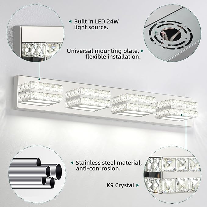 OKELI Crystal Vanity Lights LED Bathroom Vanity Light Fixture Over Mirror Modern Indoor Mirror Front Lamp, 6000K Cold White Dimmable, 4-Lights, 24W, ETL Listed