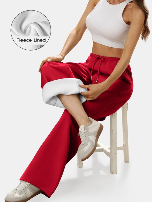 ELLEVEN Womens Wide Leg Fleece Lined Baggy Sweatpants Low Rise Elastic Waist Pockets Cotton Warm Lounge Thermal Pants Winter Fall Autumn 2026 Pants Mujer Athletic Gym Yoga Red Large