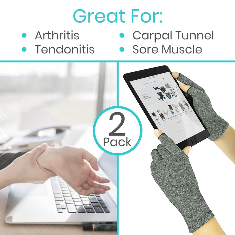 Vive Arthritis Gloves (2 Pairs) - Men Women Rheumatoid Compression Hand Glove for Osteoarthritis - Arthritic Joint Pain Relief - Carpal Tunnel Wrist Support - Open Finger Fingerless Thumb for Typing