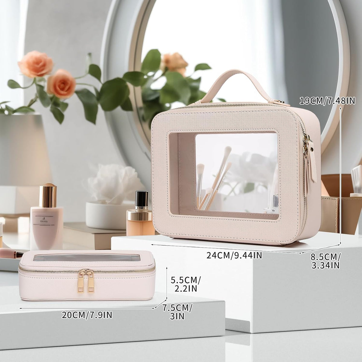Pinkmik Clear Makeup Bag with Brush Bag, (Beige, L+SLIM)