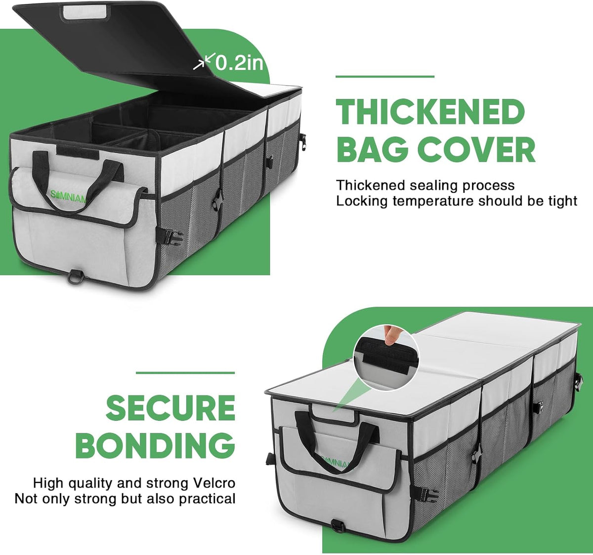 Simniam Car Trunk Organizer with Insulated Grocery Bag- 110L High Capacity Car Storage Box, with 4 Compartments, Reflective Strip, Cover, for Auto, SUV, Truck, Minivan