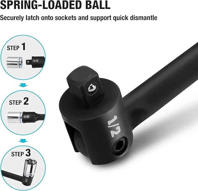 DURATECH Breaker Bar, 1/2'' Drive 17.5-Inch Breaker Bars Heavy Duty, with 240° Flex Head, Spring-loaded Detent Ball, CR-MO Head, Premium Black Phosphate Finish