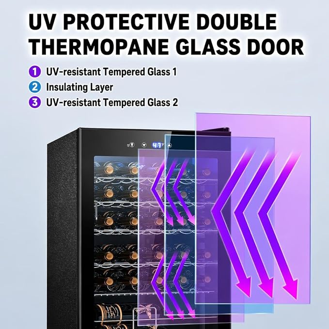 Electactic 37-Bottle Freestanding Wine Cooler Refrigerator, 4.5 Cu. Ft | Removable wave-shaped wire shelves, fan cooling, and sub-38 dB operation help organize bottles with minimal noise.