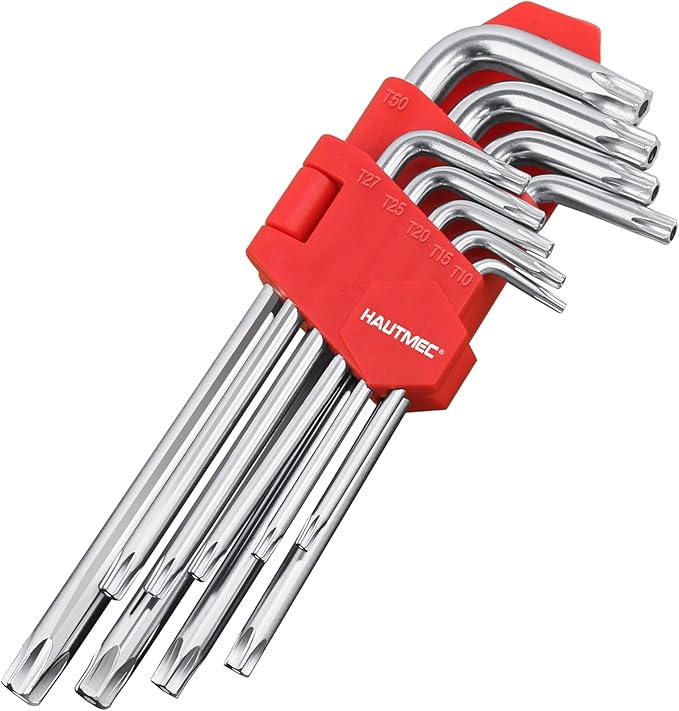 HAUTMEC Torx Allen Wrench Set, 9PCS Star Allen Key Set, T10-T50 Star Allan Wrench Sets, CR-V Steel, Drilled Tips for Tamper Resistant Fasteners, HT0222-SS