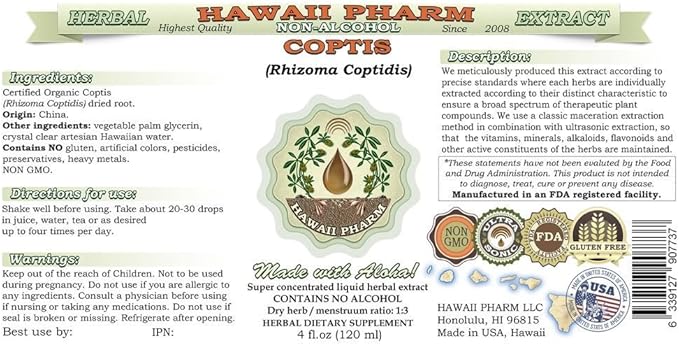 Coptis Alcohol-Free Liquid Extract, Coptis (Rhizoma Coptidis) Dried Root Glycerite Hawaii Pharm Natural Herbal Supplement 2 oz