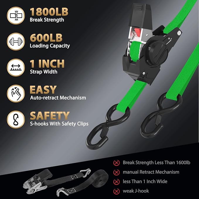 Retractable Ratchet Straps (4-Pack) - 1 in x 10 Ft (1800 LB Break Strength) Heavy Duty Self Retracting Ratchet Straps with Soft Loops & Storage Bag for Household, Motorcycle, Truck, ATV(Green)