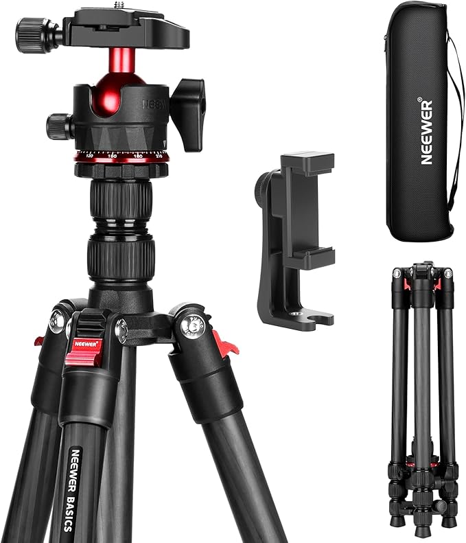 NEEWER Basics Carbon Fiber Travel Tripod, Arca Type Ball Head & Cell Phone