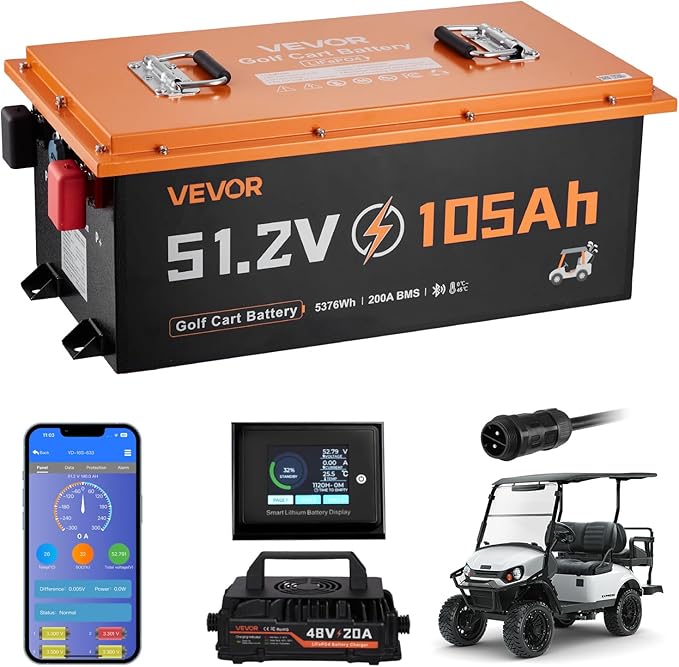 VEVOR 48V (51.2V) 105AH Lithium Golf Cart Battery, with 18A Charger, Lifepo4 Battery Kit, Built-in 200A BMS, with Bluetooth & Touch Monitor, 4000 Cycles, Metal Case, for Golf Carts, Trolling Motors