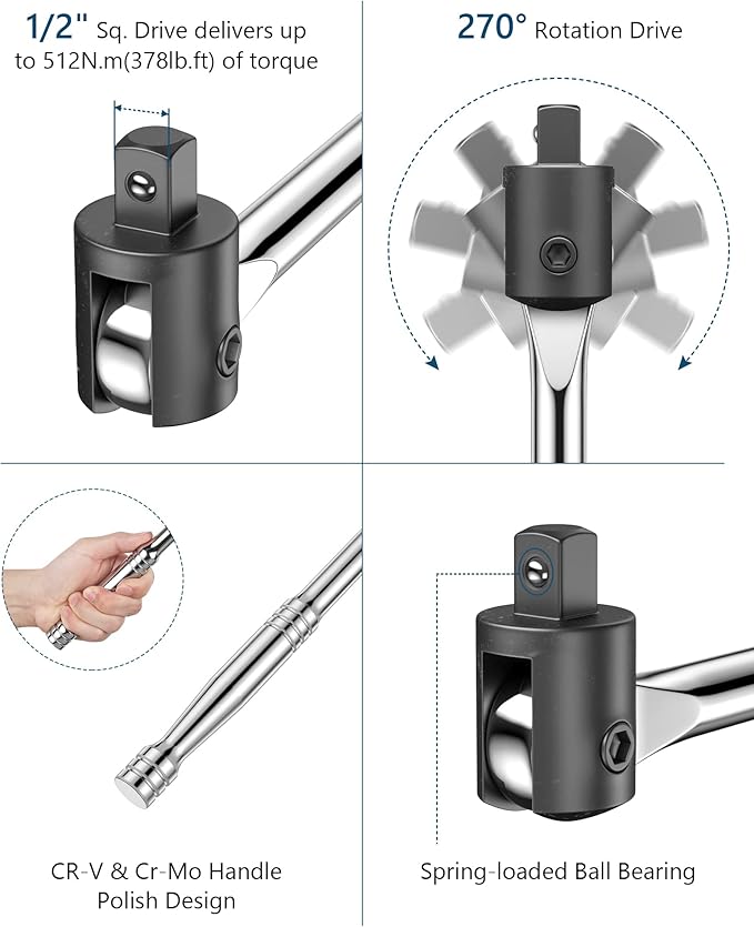 MAXPOWER 1/2-Inch Drive 24" Breaker Bar with 125mm Extension Bar, and 3- piece Sockets Including 17 mm, 19 mm, and 21 mm
