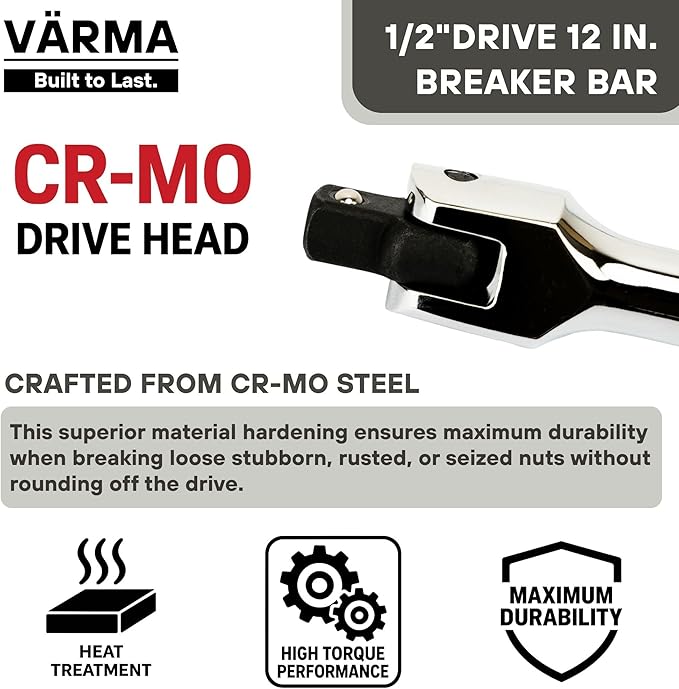 1/2-Inch Drive Breaker Bar, 12-Inch – Heavy Duty CR-MO Head & 18mm Thick Shaft – Dual-Knurled Non-Slip Grip, Constant Tension Flex Head, Premium Mirror Chrome Finish