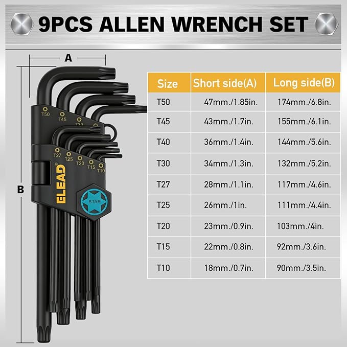 ELEAD 11-Piece Torx Star Allen Wrench Set with Extension Bar, T10-T50 Long Arm Torx Key Set, Heat-Treated S2 Steel