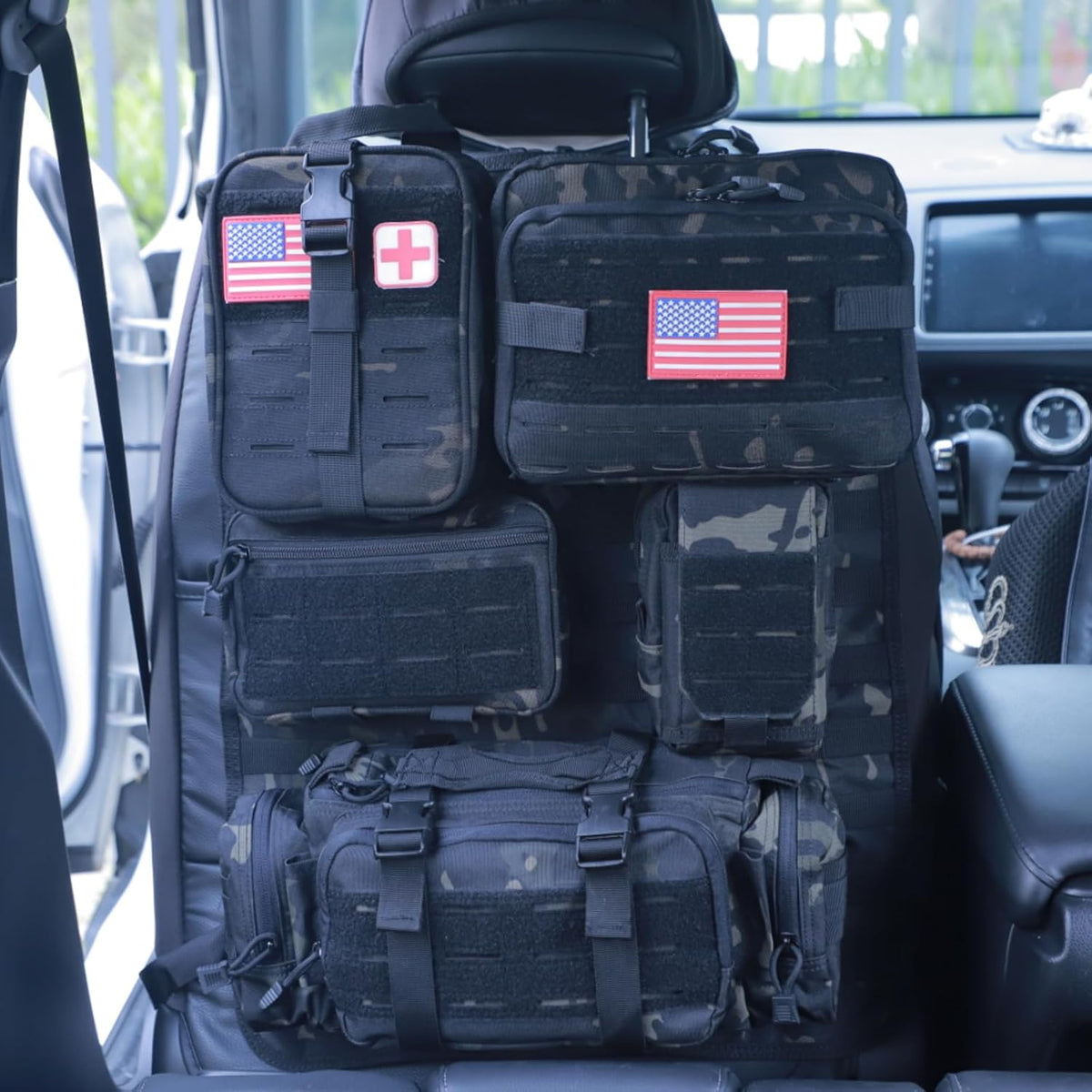 Universal Tactical Car Seat Back Organizer Bag Tactical Molle Vehicle Organizers Panel Vehicle Protector Organizers with 5 Detachable Pouches for Car Truck Ford Jeep (Upgraded D model Black camo)
