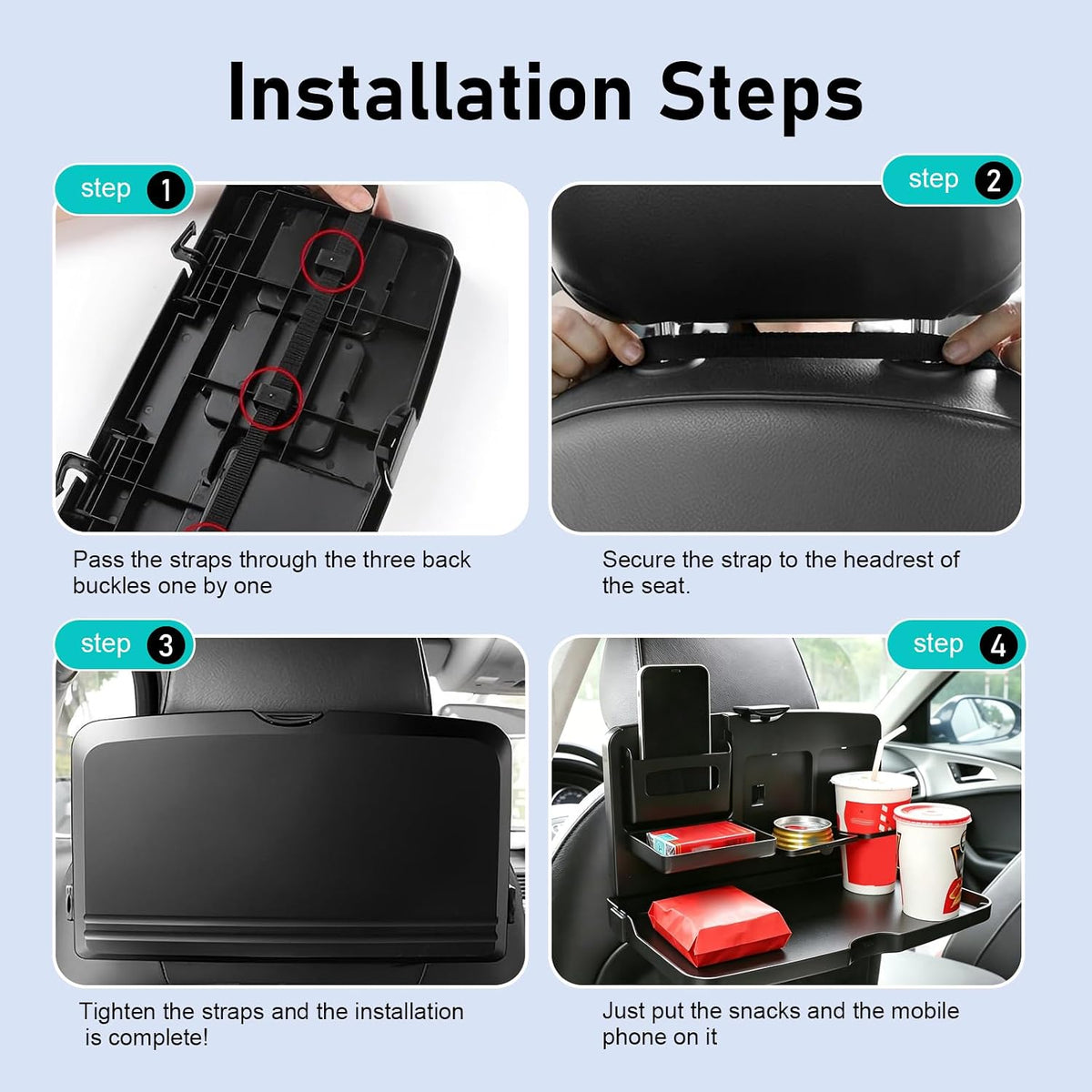 Car Food Tray Holder, Multifunctional Foldable Car Backseat Travel Tray, 13.38" x 7.87" Back Headrest Seat Eating Food Trays, for Food, Meal, Snack, Drinks (Black)