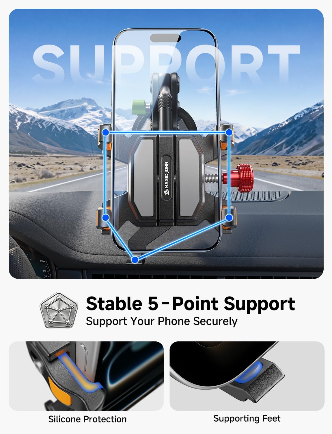MAGIC JOHN Metal Car Phone Holder 360° Rotation Suction Mount Windshield