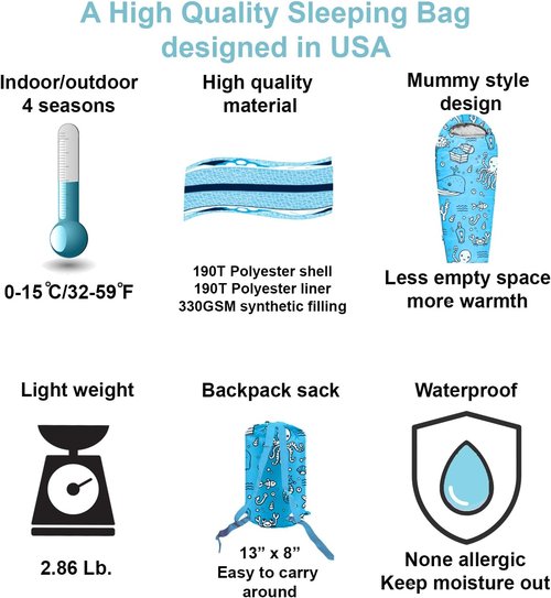 KidzAdventure Kids Sleeping Bag - Mummy Style, Lightweight, 4 Seasons, Includes Pillow Sleeve, Ideal for Camping & Sleepovers