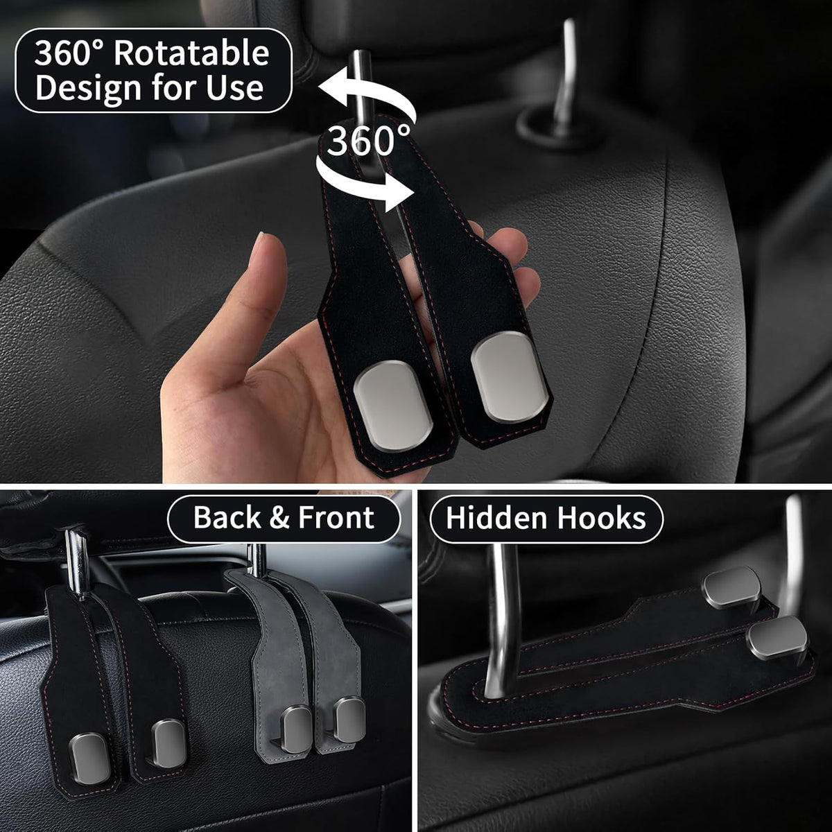 Car Purse Hook, Car Seat Headrest Hooks, Black Leather 4 Pack