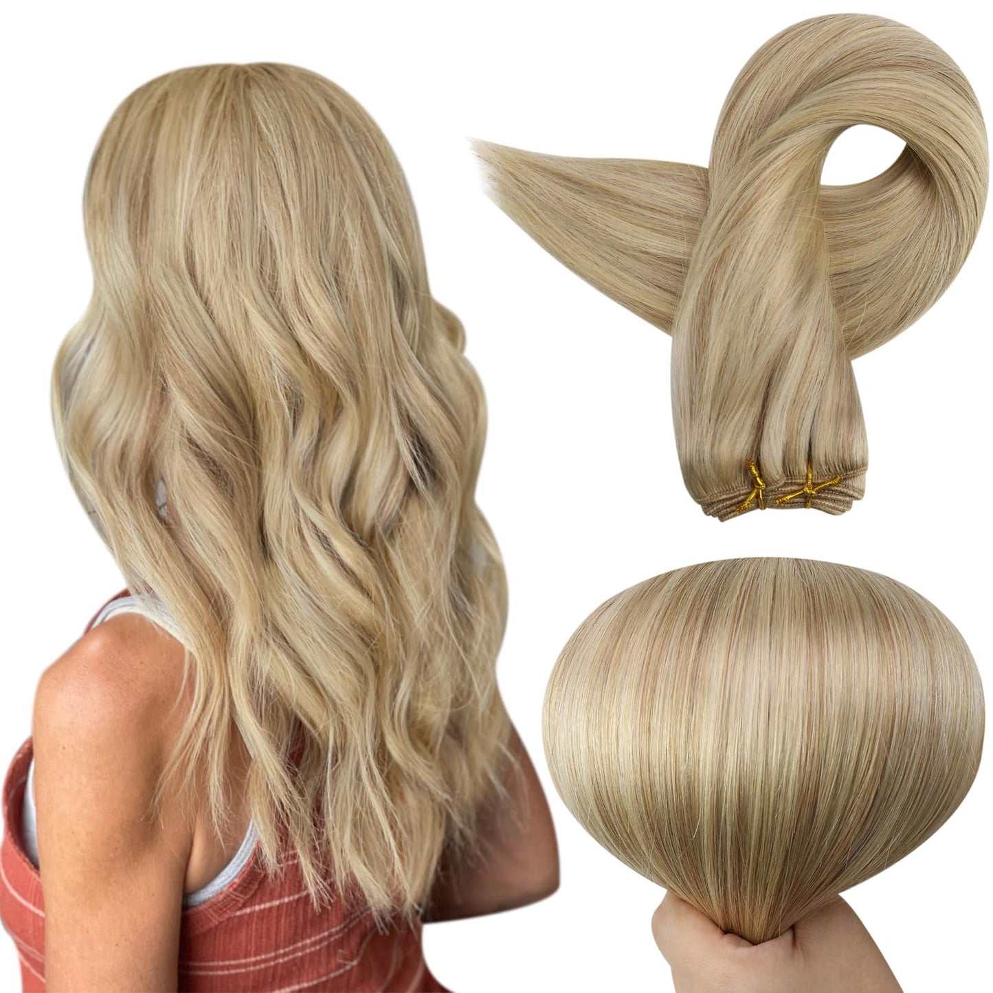 Full Shine 22 Inch Weft Hair Extensions Human Hair Highlight Blonde Hair Extensions Sew In Double Weft Extensions Remy Hair #27/
