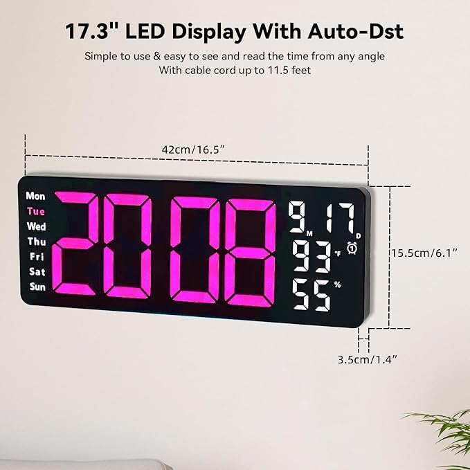 Digital Wall Clock Large Display, 17.3" Digital Clock
