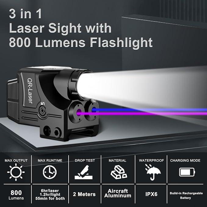 Red Green Purple Blue Laser Light Combo, 800 Lumens Tactical Flashlight Laser