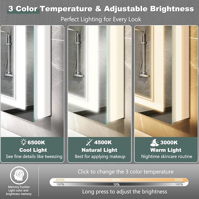 LED Bathroom Mirror with Lights: 48"x36" Wall Mounted Large Lighted Mirrors Fogless, Anti-Fog,Dimmable,Memory Function, Shatterproof Tempered Glass, Espejos para Baños, ETL Listed