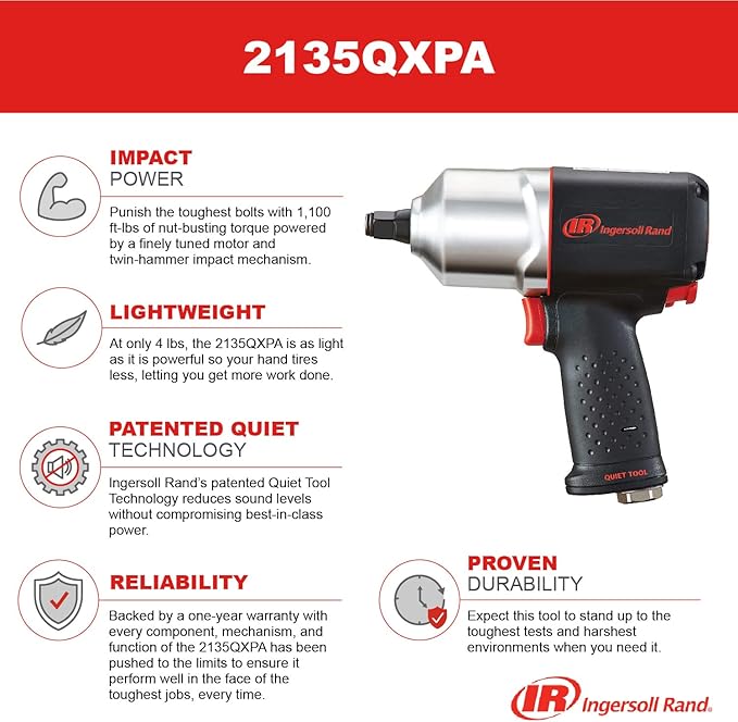 Ingersoll Rand 2135QXPA 1/2" Air Impact Wrench, Quiet, 1,100 ft-lbs Nut-Busting Torque