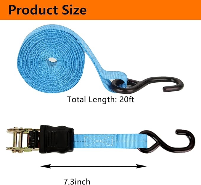 6 Pcs 1 Inch Heavy Duty 20ft Tie Down Straps with Hooks, 2200 LBS Break Strength, Cargo Ratchet Straps for Motorcycle, Appliances, Equipment