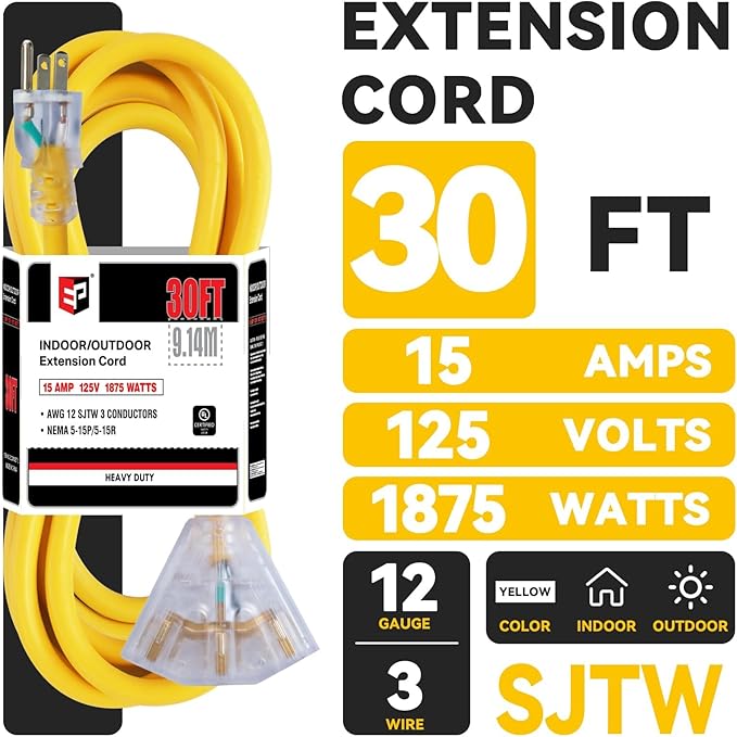 EP 30 Ft 12 Gauge Heavy Duty Extension Cord, 15A 125V 1875W, 3 Outlet Indoor/Outdoor Power Cord with Lighted End, 12/3 SJTW Weatherproof Yellow