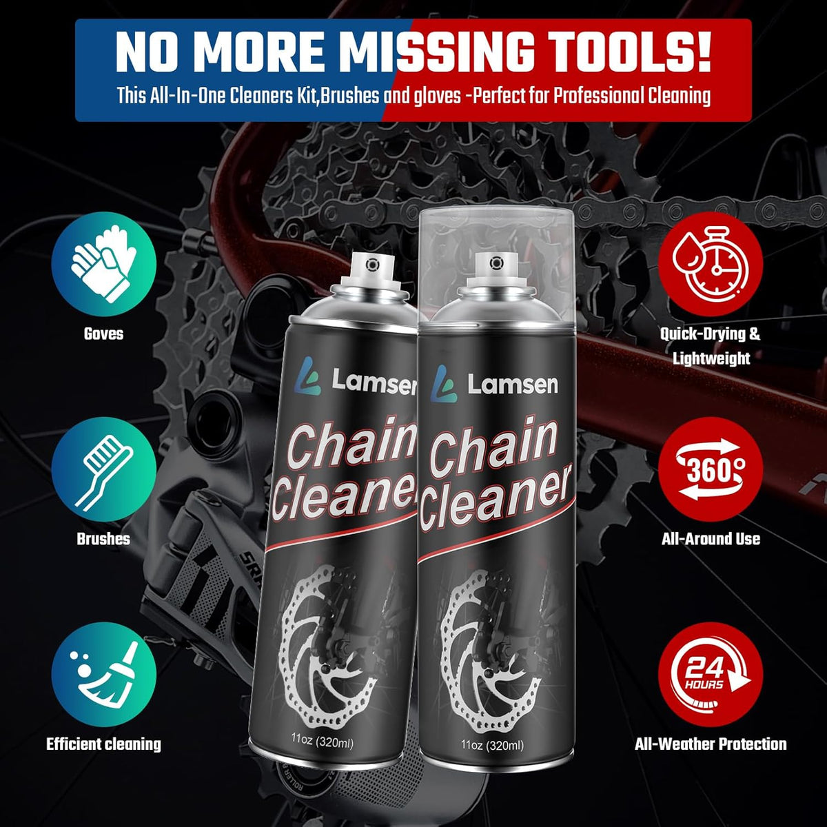 Skiennix Chain Cleaner Spray - Professional 11oz Bike & Motorcycle Cleaning Kit with Brushes & Gloves