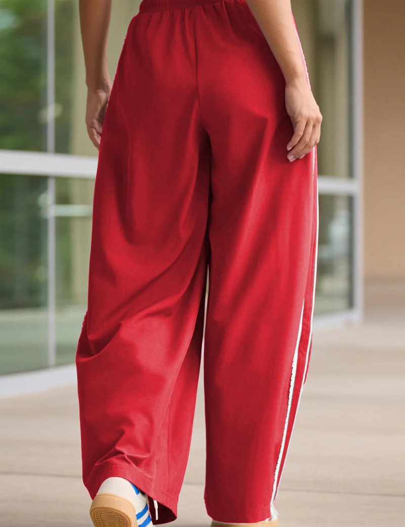 Yeokou Women's Wide Leg Sweatpants Side Stripe Crochet Slip on Drawstring Casual Running Track Palazzo Pants with Pockets (Red-S)