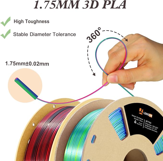 LOVOON Silk PLA Filament 1.75mm, 2KG Bundle 3D Printer Filament, 3D Printing
