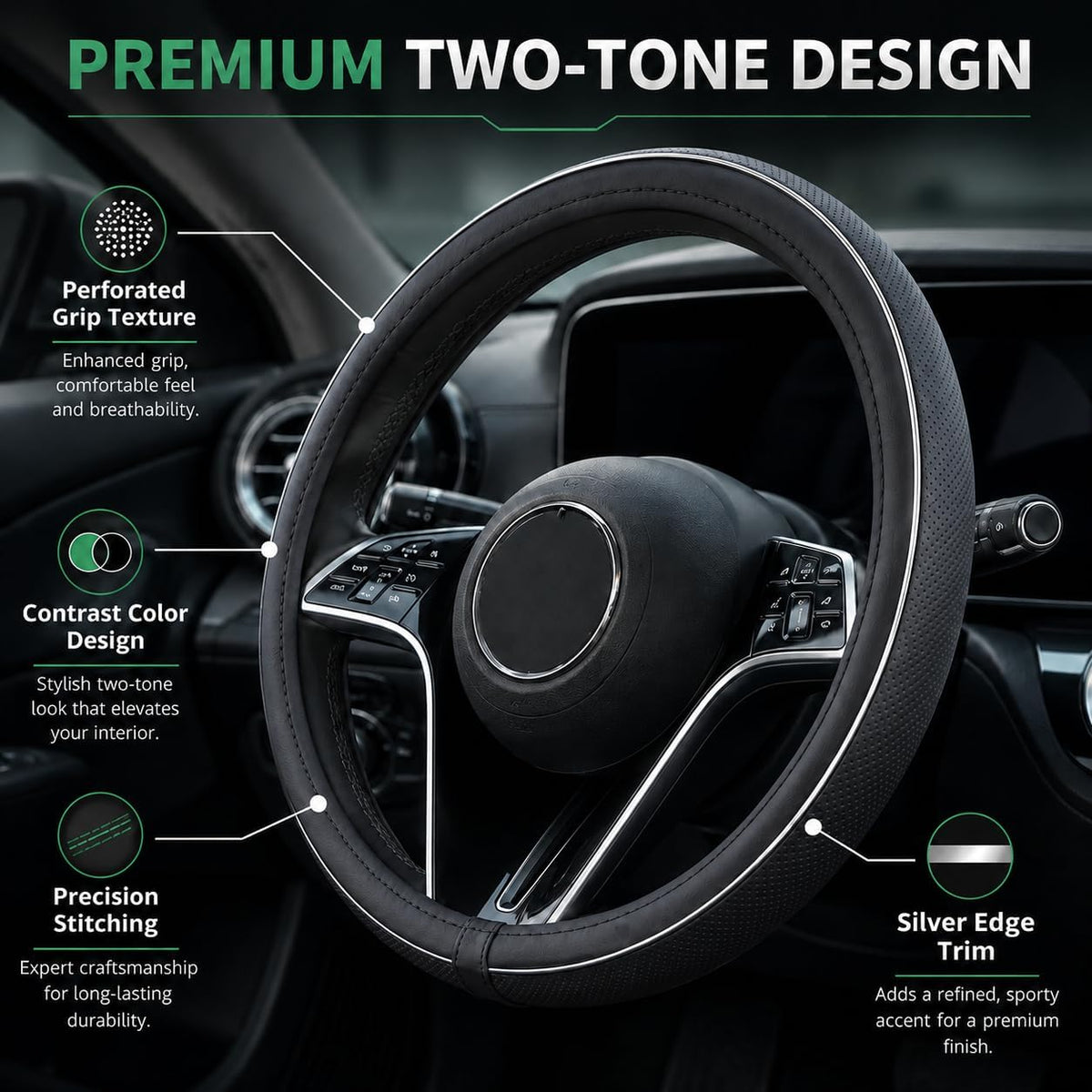 15Inch Leather Steering Wheel Cover, Anti-Slip, Universal Fit,Black