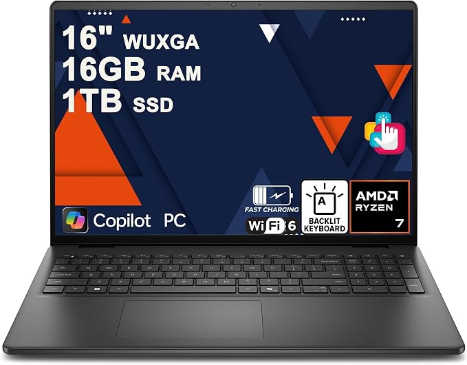 Dell 16 Laptop 16" WUXGA Touchscreen AMD 8-core Ryzen 7 250 16GB RAM 1TB SSD Backlit ExpressCharge Wi-Fi6 for Creator Designer Business Professional Work Win11