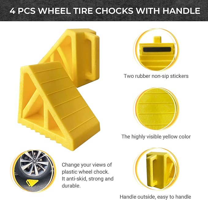 HOXWELL Wheel Chocks Premium, Heavy Duty Camper Vehicle Wedge Design with Black Rubber Bottom Chocks for Travel Trailers, Truck, Car, RV Yellow 4 Pcs