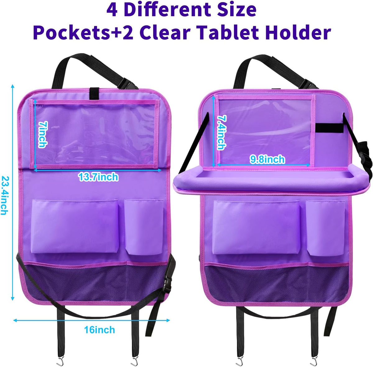 Car Backseat Organizer with Tray, Seat Back Table Holder with 6 Storage Pockets, Car Seat Back Protectors Kick Mats Travel Accessories, 1 Pc Purple